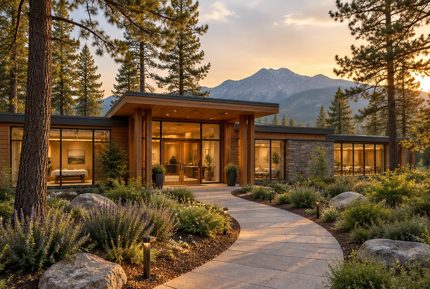 A calm wood-and-glass treatment center among pines (illustrative photo, not a listed provider)