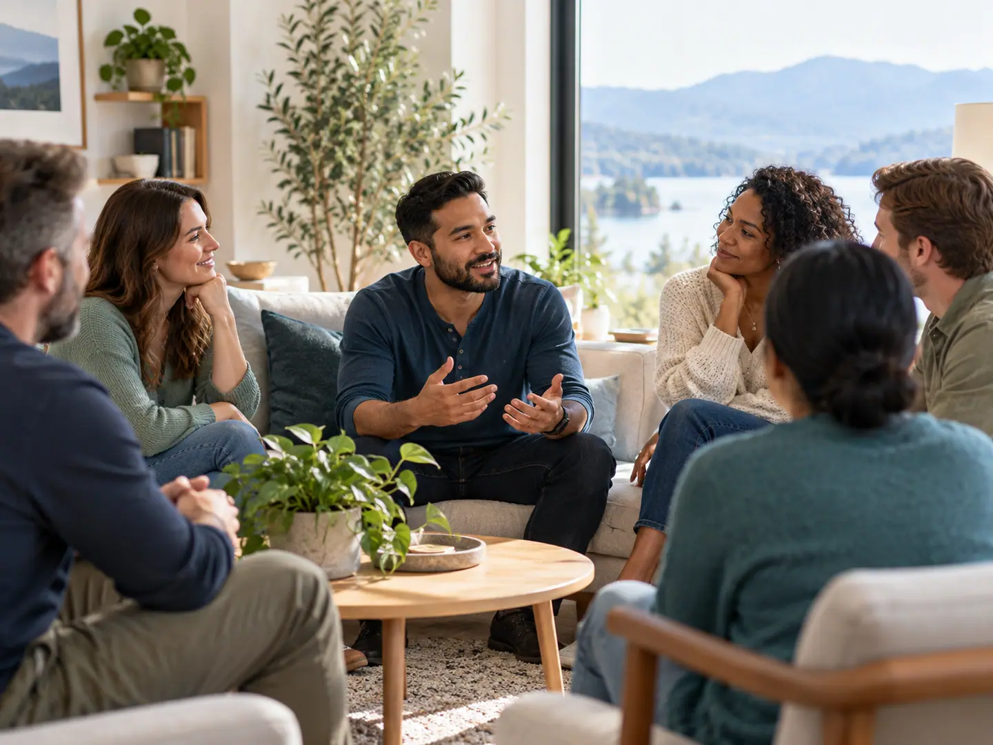 A small group talking together in a bright living room, one man mid-sentence while others listen