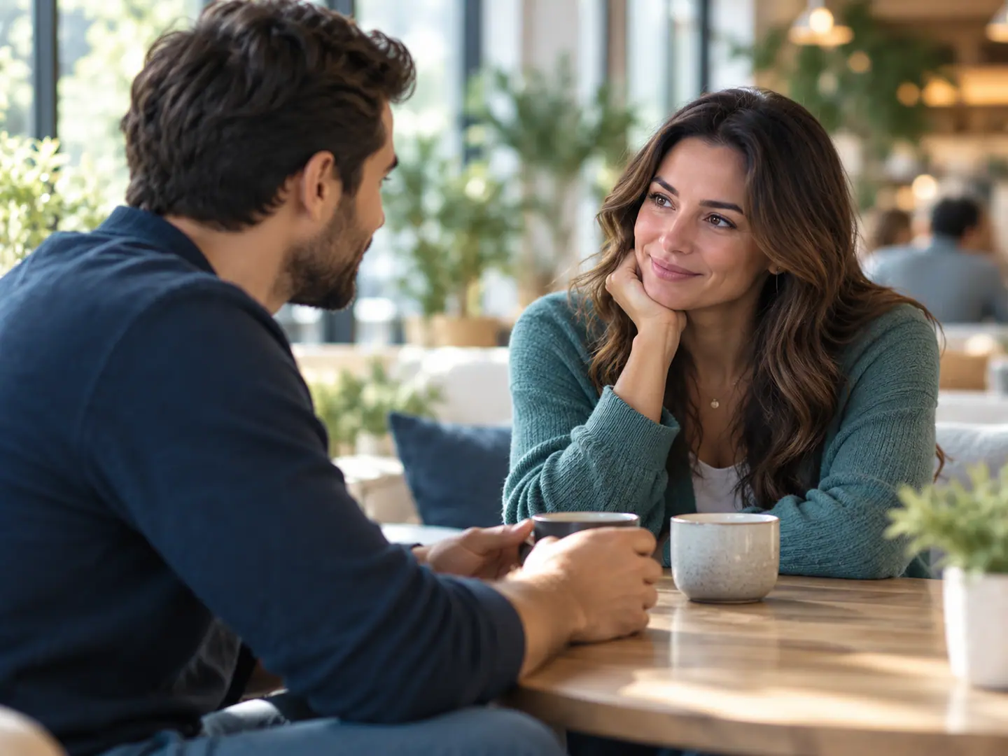 Two people sharing coffee and an easy conversation at a sunlit café table