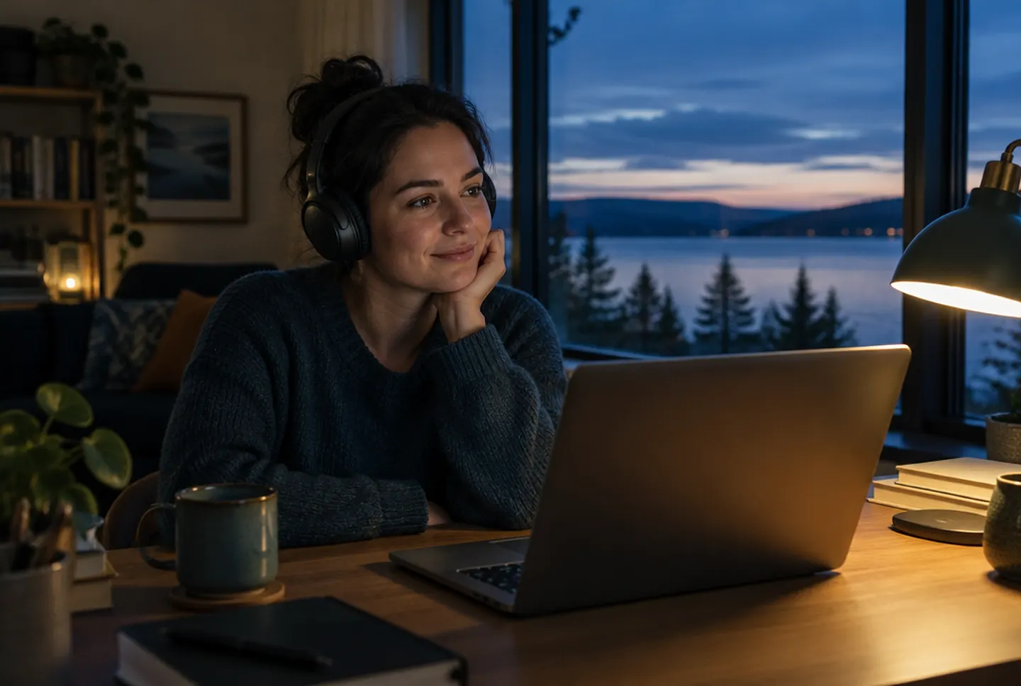A woman with headphones at a home desk in the evening, listening with a gentle smile