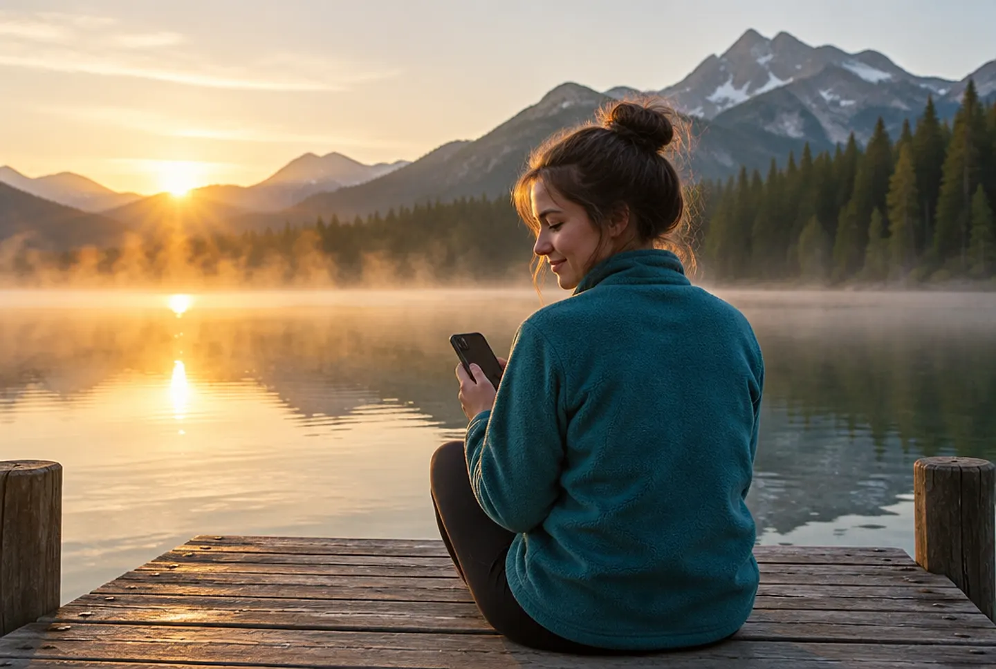 A woman in a teal fleece checking her phone at the end of a dock at sunrise