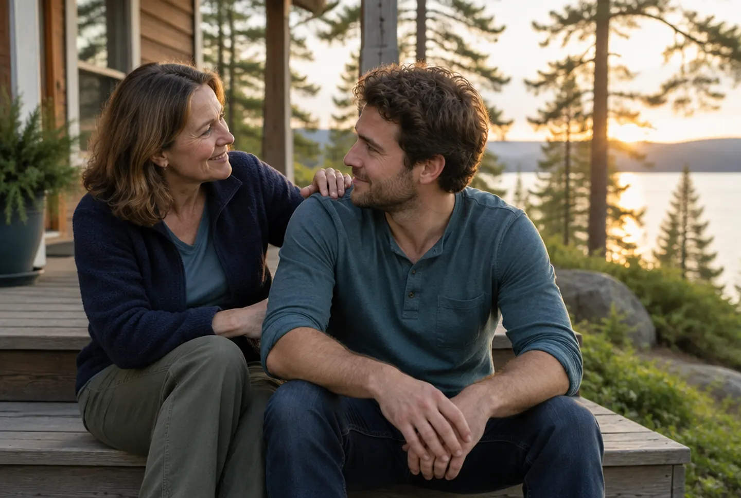 A mother and her adult son talking warmly on a porch at sunset, her hand on his shoulder