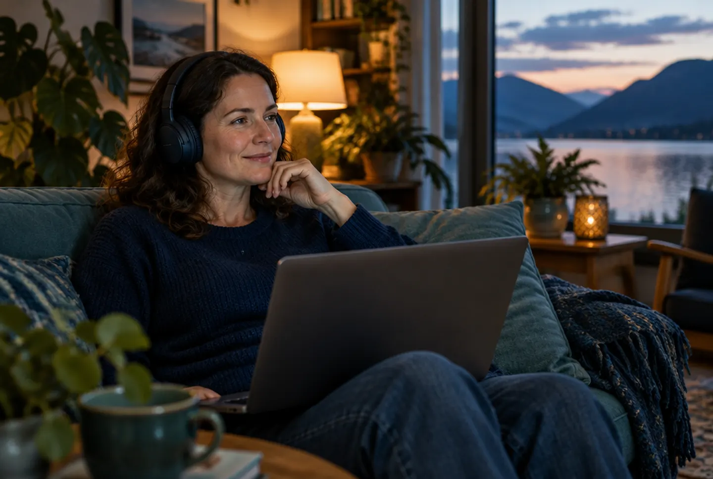 A woman wearing headphones on her sofa with a laptop, listening and smiling in a warm living room at dusk