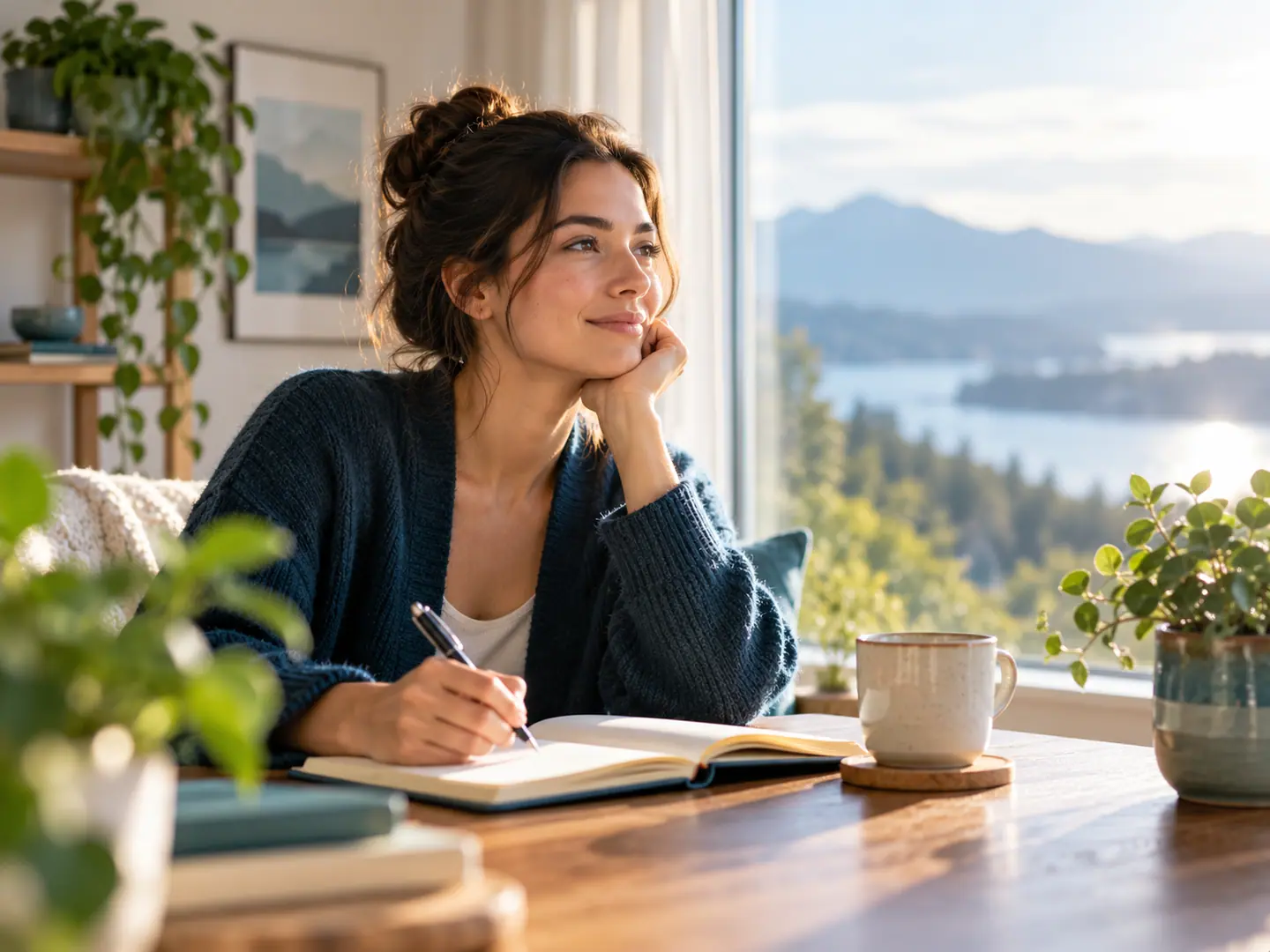 A woman writing in a notebook at a window table, smiling to herself, mountains and water outside