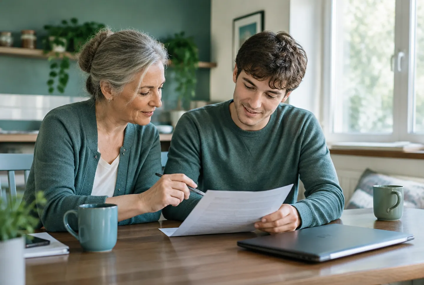 An older woman helping a young man review his résumé at a kitchen table