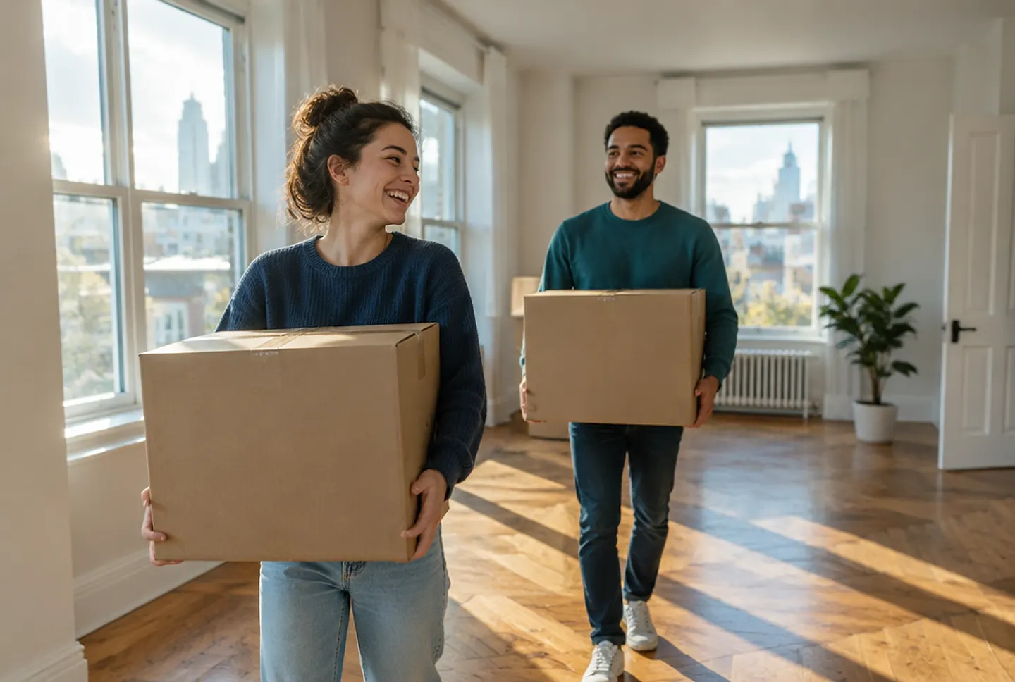 Two friends laughing as they carry moving boxes into a bright new apartment