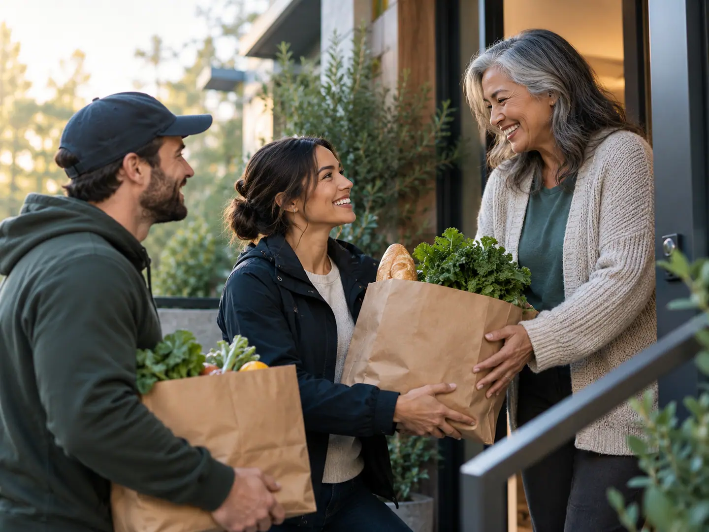 Two people delivering bags of groceries to a smiling older woman at her front door