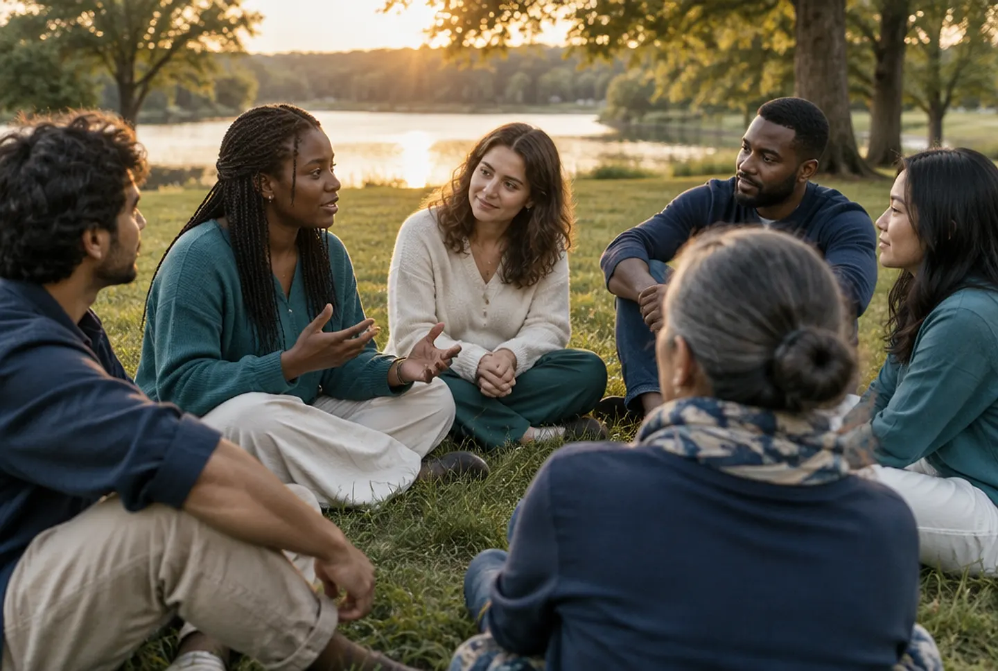 A small group sitting in a circle on the grass by a lake, listening to one person speak