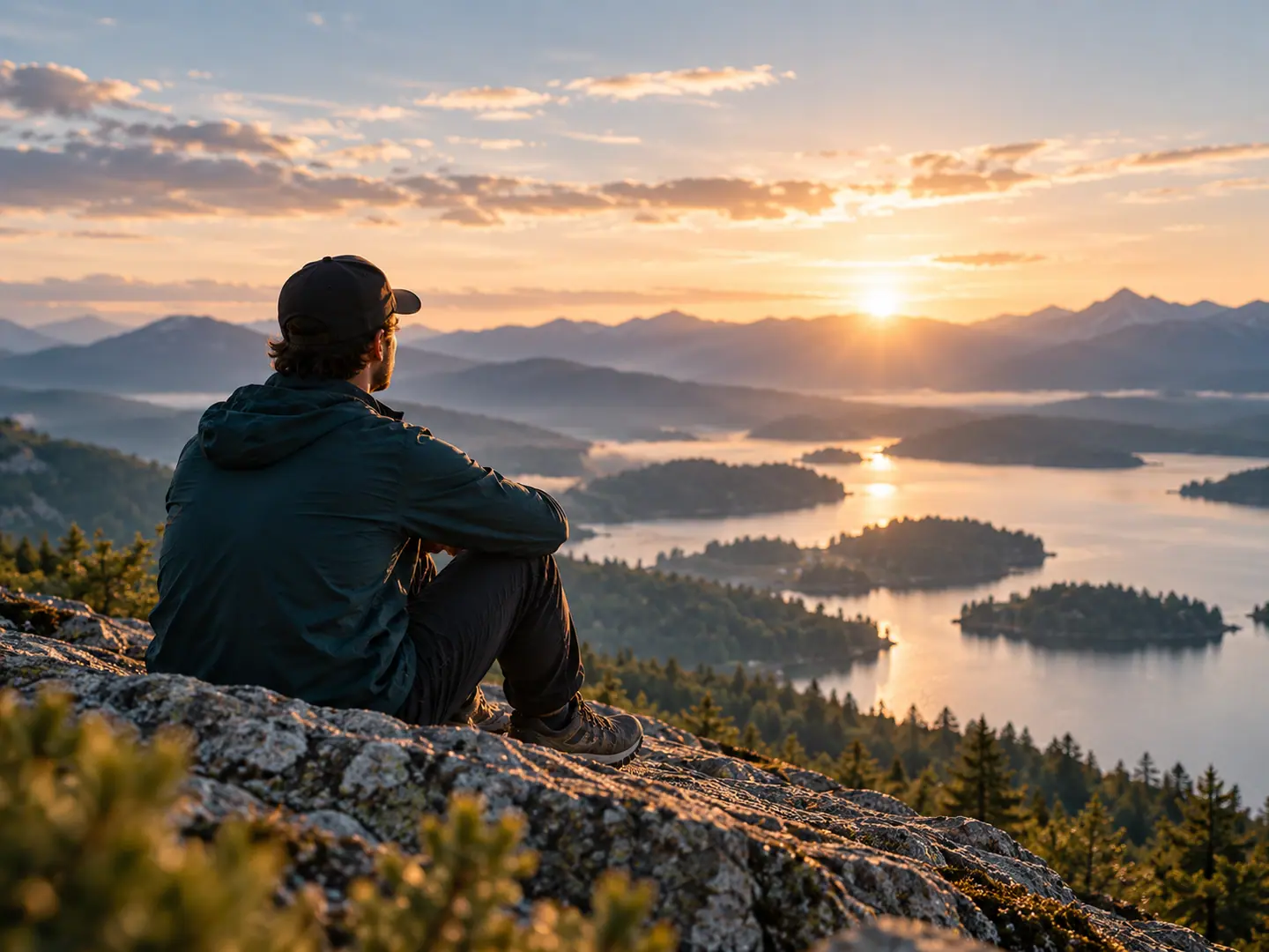 A person sitting on a rocky summit at sunrise, looking out over a lake dotted with forested islands