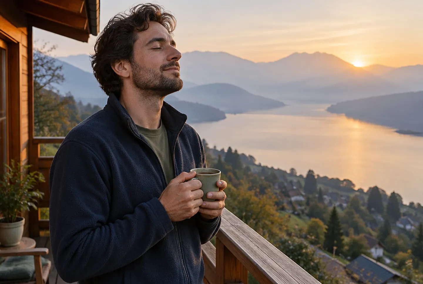 A man on a balcony at sunrise, eyes closed, holding a mug of tea above a lake