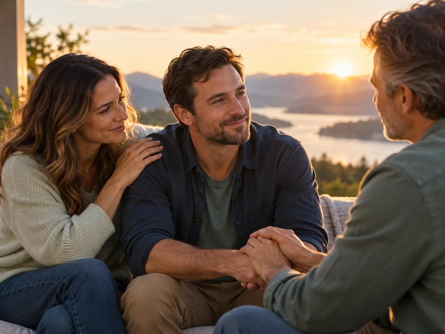 Three adults sitting close at golden hour, one with a hand on a friend’s shoulder while another holds his hands