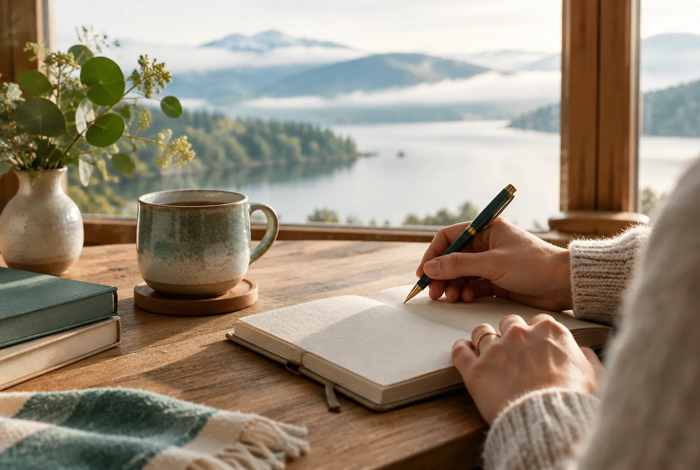 Hands writing in a notebook beside a mug of tea at a window overlooking a misty lake